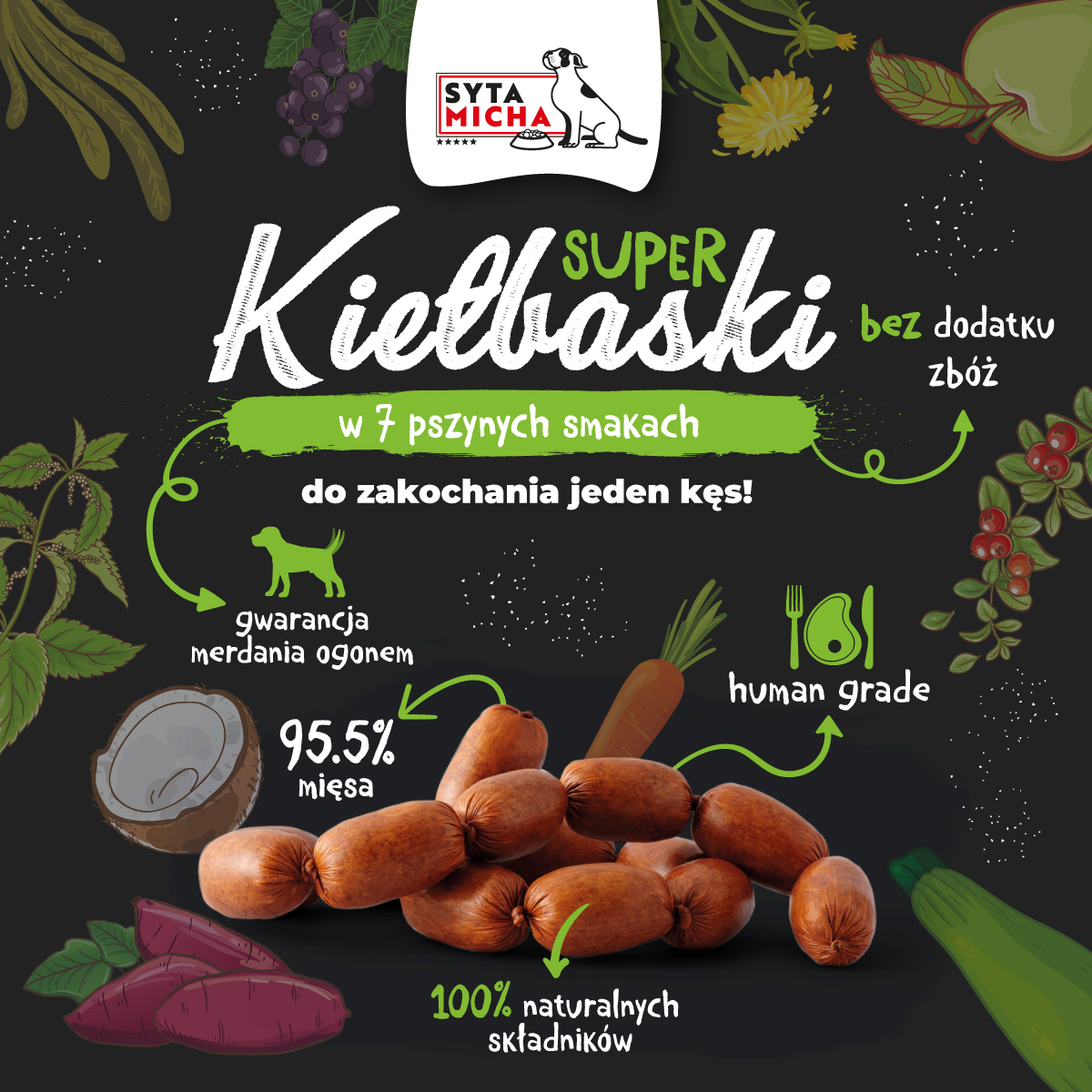 Syta Micha kiełbaski z kozą dziką różą i kokosem 100g
