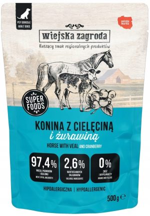 Wiejska Zagroda KONINA CIELĘCINA ŻURAWINA karma mokra dla psa 500g sasz
