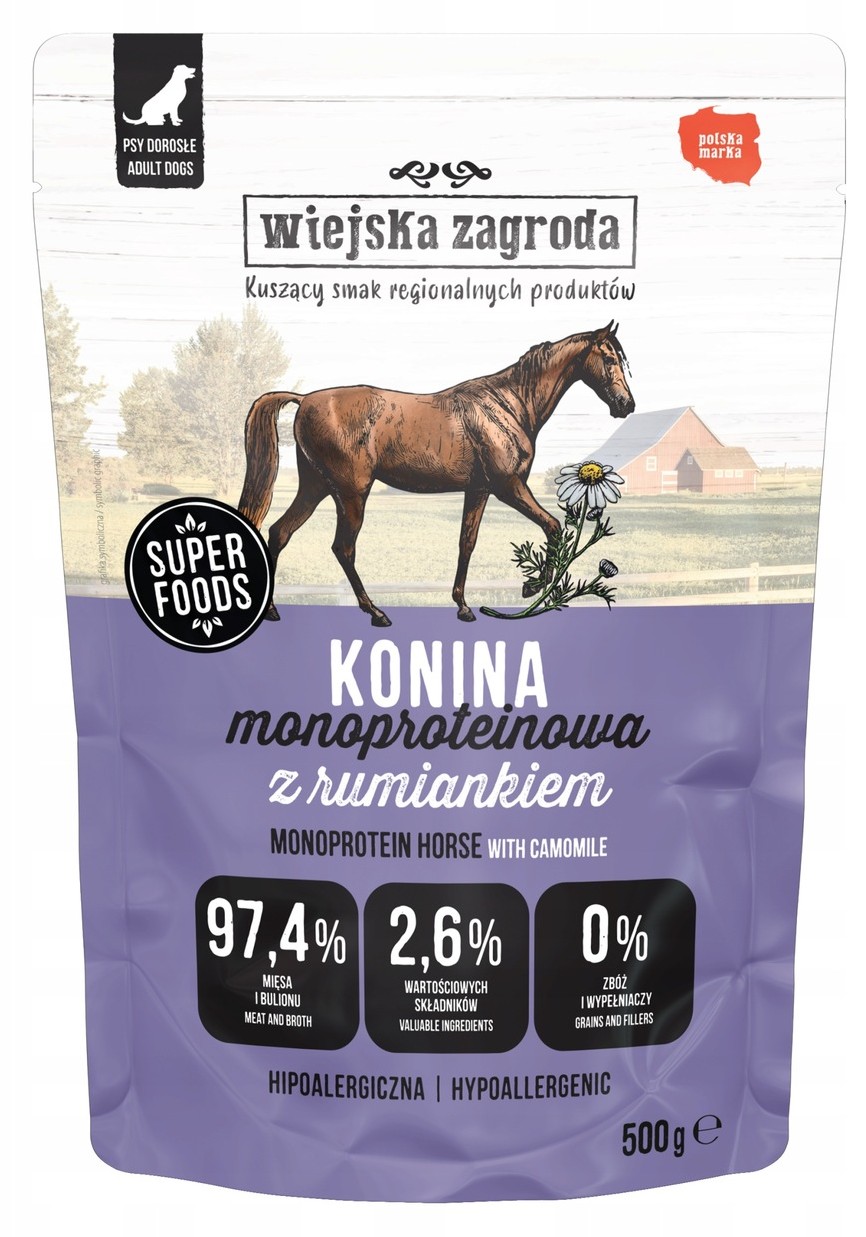 Wiejska Zagroda KONINA Z RUMIANKIEM karma mokra dla psa 500g saszetka