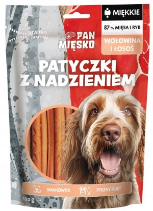Pan Mięsko przysmak dla psa patyczki z WOŁOWINĄ I ŁOSOSIEM 100g