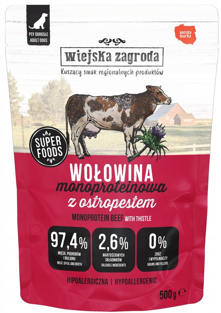Wiejska Zagroda WOŁOWINA Z OSTROPESTEM karma mokra dla psa 500g saszetka
