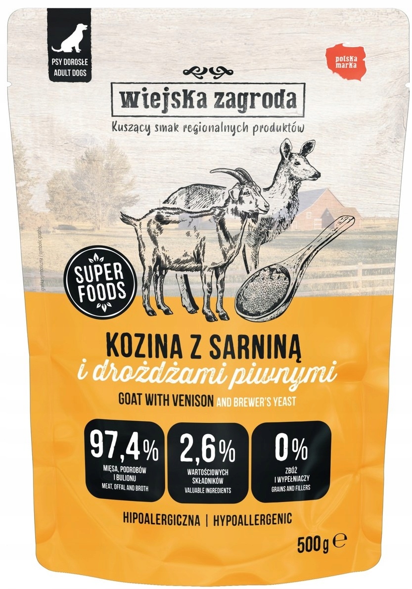 Wiejska Zagroda KOZINA SARNINA DROŻDZE PIWNE karma mokra dla psa 500g sasz