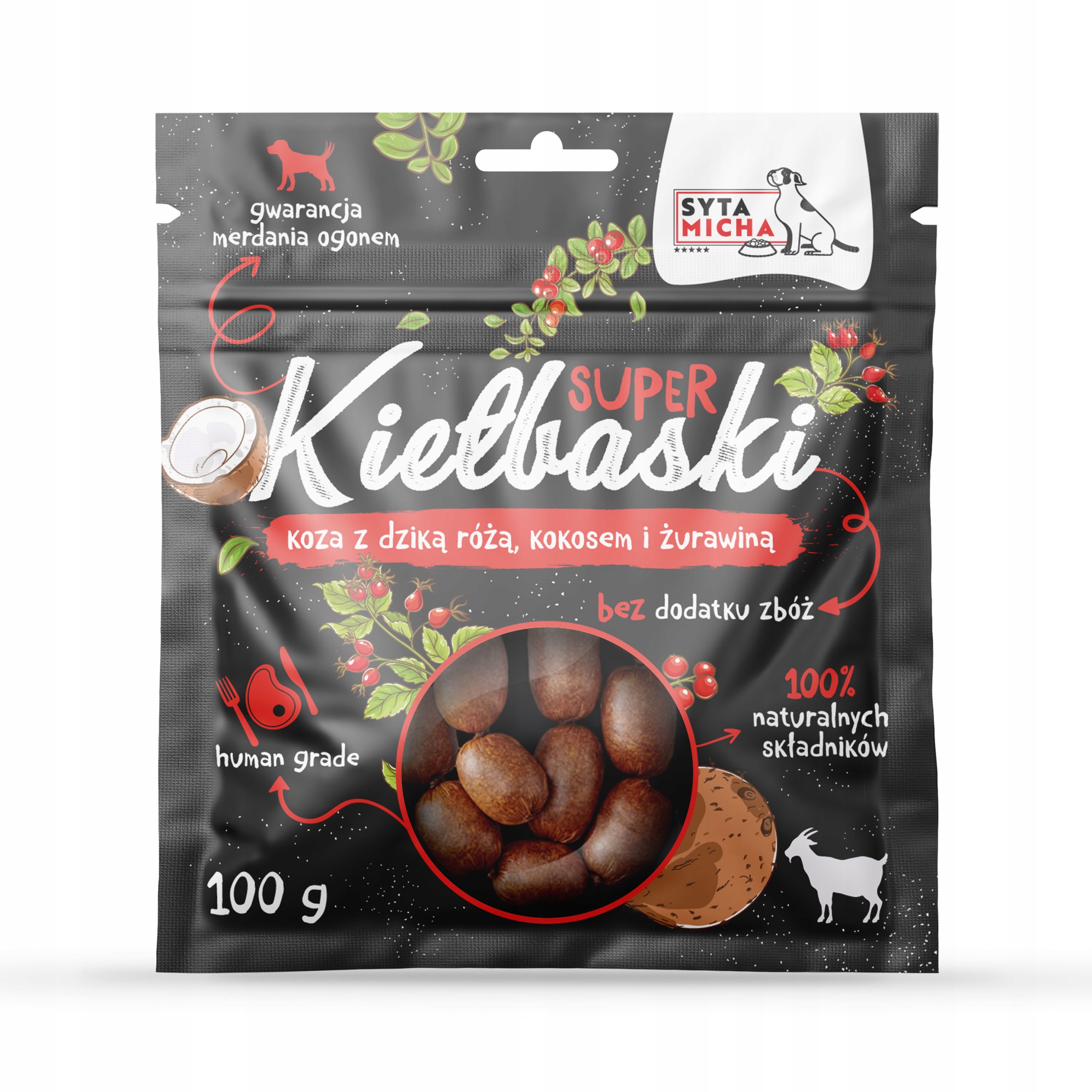 Syta Micha kiełbaski z kozą dziką różą i kokosem 100g