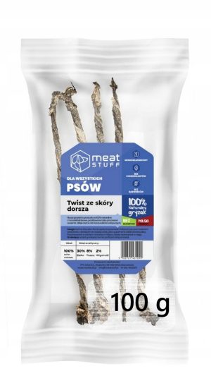 Meatstuff TWISTERY ZE SKÓRY DORSZA 100 gryzak dla psa worek strunowy
